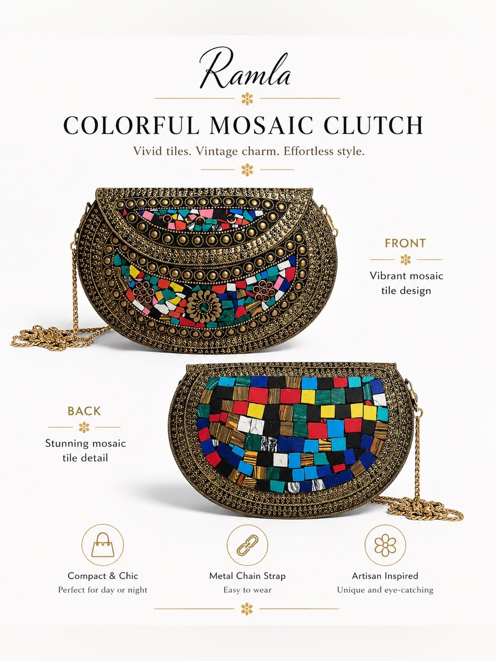 Ramla Chic Colorful Mosaic Tile Clutch or shoulder metal bag strap included